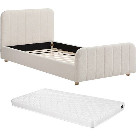 Letto 90 x 190 cm Tessuto bouclette con cuciture verticali Bianco + Materasso - ROGADI (1/5)