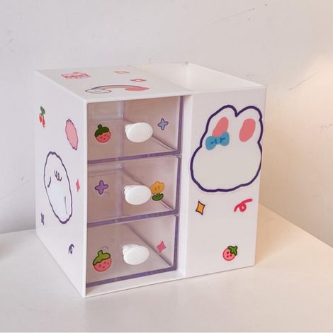 Organiseur de papeterie en plastique beige avec motif dessin animé mignon, porte-stylos et autocollants. Idéal pour le bureau, la chambre ou la résidence étudiante. (1/5)