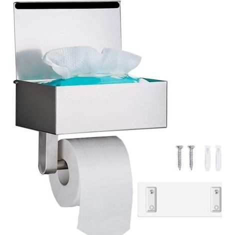 Porte Papier Toilette Mural, Porte Papier Toilette sans Perçage avec Étagères et Boîte à Lingettes Humides, Argent Porte Rouleau Papier Toilette Auto-adhésif (1/5)