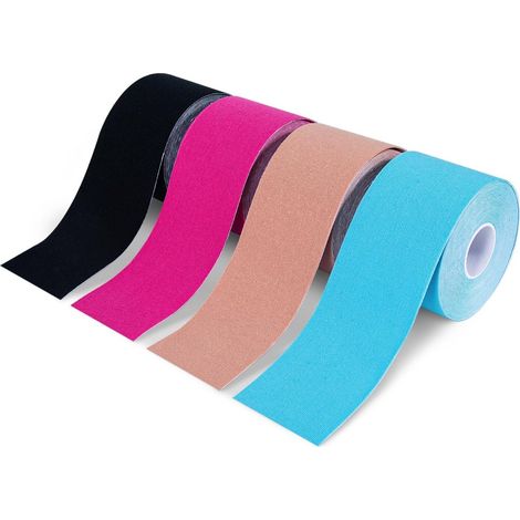 Kinesiotape - Ruban Élastique 5 m x 5 cm - Pour Soutien Musculaire et Articulaire - Résistant à l'Eau - Peau Amie - Lot de 4 Rouleaux (1/5)