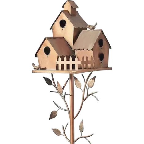 Maison Pour Oiseaux En Métal - Support À Enfoncer Dans Le Sol - Décoration De Jardin Extérieur Patio Arrière-Cour - Lot De 1 Maison + 4 Tiges (1/3)