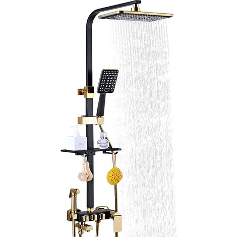 Ensemble de douche thermostatique - Douche à effet pluie - Avec douchette à main - Montage mural - Combo complet - Avec étagères sur pied - Douchette à main - Noir et doré - 75 à 120 cm