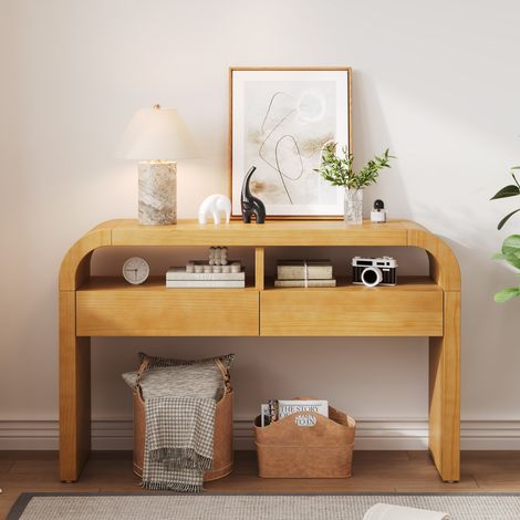Console étroite naturel avec tiroirs, façade incurvée, repose-pieds réglables, pour entrée couloir ou salon - 120x35,5x76,5 cm (1/5)