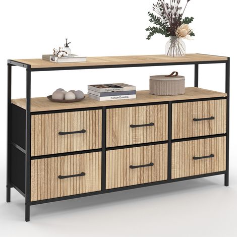 Kommode mit 6 Schubladen aus Stoff UTAH 115 CM mit Nische Latteneffekt Aufbewahrungsmöbel Industriedesign