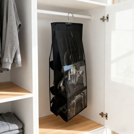 Doppelseitige, platzsparende Organizer-Taschen für Kleiderschränke – 16 cm große, schwarze, aus PVC-Vlies gefertigte Wandtaschen – 6 Taschen für Handtaschen (1/5)