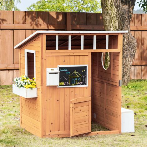 Kinderspielhaus aus Naturholz, mit Briefkasten und Blumenkasten, Natur
