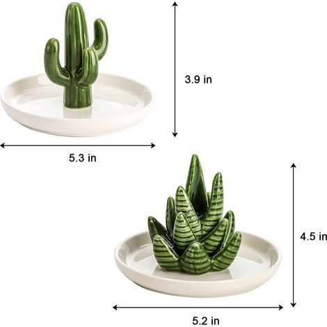 Ensemble de 2 coupelles à bijoux en céramique, motif aloès et cactus, pour bagues, boucles d'oreilles et colliers. Porte-bijoux décoratif pour mariage. (1/4)