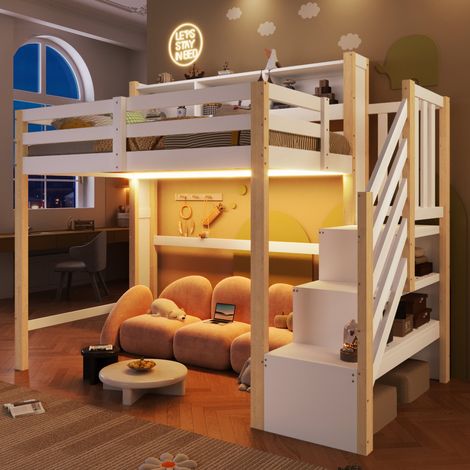 Lit mezzanine enfant 90x200 cm avec LED, escalier de rangement, étagères, garde-corps, pin et MDF, blanc et naturel (1/5)