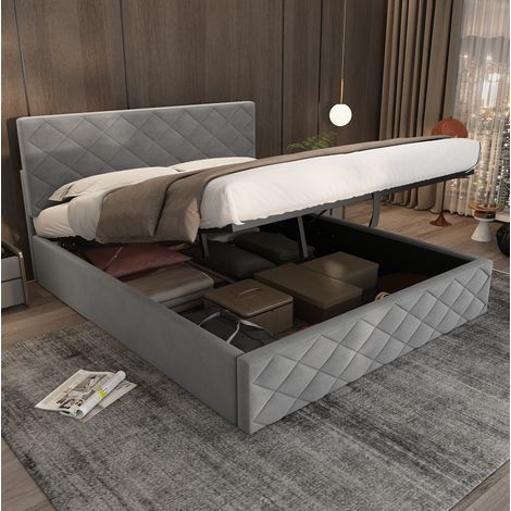 Lit capitonné 140x200 cm en velours gris avec sommier à lattes et coffre (1/5)