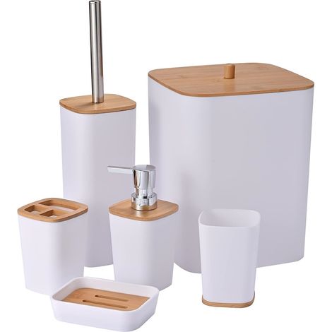 Trade Shop - Satz von Bädern Bambus Badezimmer 6 stücke Modern Black Banner Müll Sapon Spender -      Weiß