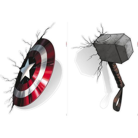Stickers Muraux Marvel - la Mjollnir de Thor qui enfonce le mur avec le bouclier du captain america - 50x70 cm