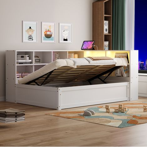 DESVIAE Lit banquette 90 x 200 cm avec rangement prise multifonction et LED tête de lit bois de pin blanc (1/5)