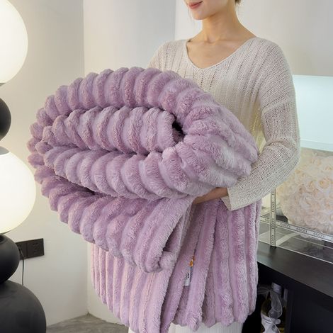 Couverture polaire à rayures en fourrure de lapin, épaisse couverture d'hiver pour les siestes et un sommeil douillet - Violet - 180 x 200 cm (1/5)