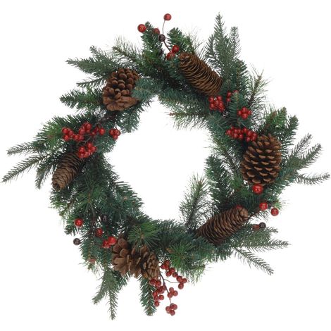Corona Natalizia decorativa, con pigna e bacche, centrotavola in polipropilene, da 45 cm