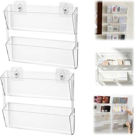 Étagère murale acrylique 30 x 24 cm - lot de 2 supports à cartes, magazines, vinyles et brochures, sans perçage (1/5)