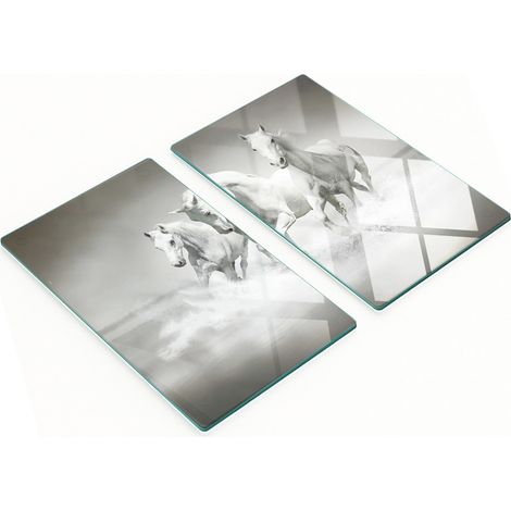 Dos tablas de cortar decorativas de vidrio templado con dise帽o de caballos blancos, 2x30x52 cm.