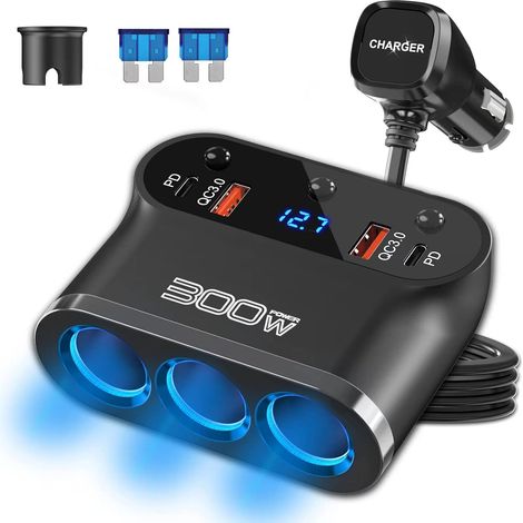 7-en-1 Multi Prise Allume Cigare 300W, 12V/24V Chargeur Allume Cigare USB Voiture 3 Prise Dual 30W PD et Dual 18W QC3.0 avec Voltmètre Interrupteur Charge Rapide pour Tablet/Phone/GPS (1/5)