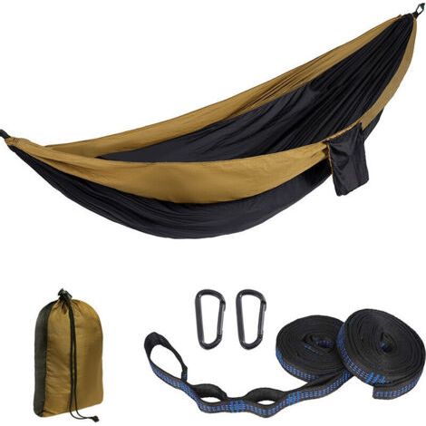 Outdoor-Hängematte, 300x200cm Reisehängematte für 2 Personen, 300kg Fallschirmseiden-Campinghängematte mit 2 Nylongurten + 2 robusten Stahl-Wanderschnallen (Camel Black Spelling)