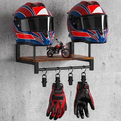 Support Casque Moto, Porte Mural avec Crochets, Rangement Polyvalent Planches en Bois pour Casques de Baseball, Rugby (Marron Foncé) (1/5)