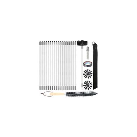 Barre de brosse de 100 mm, 27 brosses de cheminée (dont 20 barres flexibles de 410 mm), 2 têtes de brosse, 1 connecteur de foret + accessoires de cheminée et brosse à manche en bois