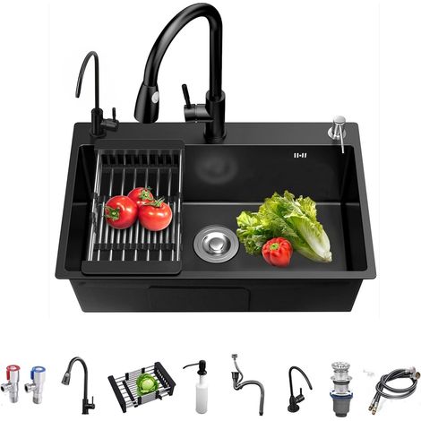 1 Évier De Cuisine, Acier Inoxydable, Noir, 50x45cm, Avec Robinet Extractible, Pour Montage Sous Plan Ou Sur Plan