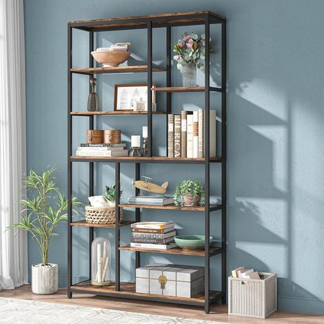 Tribesigns Bücherregal, Standregal mit 8 Ebenen 9 Ablagen, Modernes Freistehendes Offenes Bücherregal, für Wohnzimmer, Büro, Schlafzimmer, 30 x 100 x 200cm, Rustikales Braun (1/5)