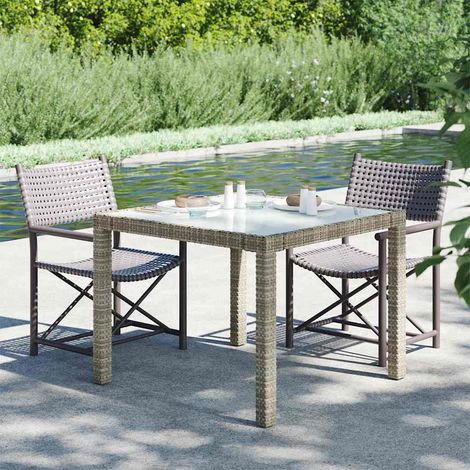 vidaXL Table de jardin 90x90x75 cm Verre trempé et résine tressée Gris (1/5)
