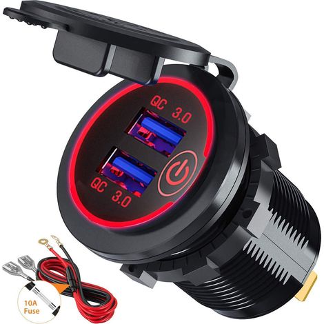 Adaptador USB de carga rápida Quick Charge 3.0 para coche con interruptor, 12V/24V, 36W, doble puerto USB QC3.0 para embarcaciones, motos y camiones (rojo). (1/5)
