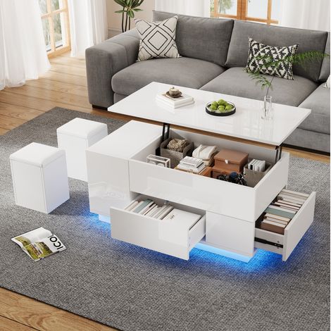 Table basse 100x50x45 cm blanche en panneaux de particules avec plateau relevable, LED, 2 tiroirs et 2 tabourets (1/5)
