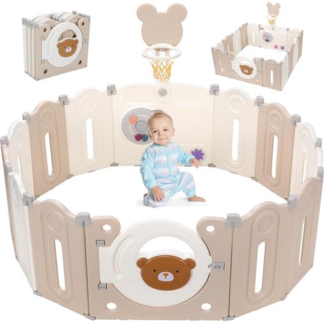 TLGREEN Laufgitter Baby Faltbar, Baby Laufstall, Laufstall Baby Faltbar, Verstellbare Form, mit Mini-Basketballkorb und Spielzeugboard, Laufstall XXL, Starke Saugnäpfe an der Unterseite, Ungiftigem Ma