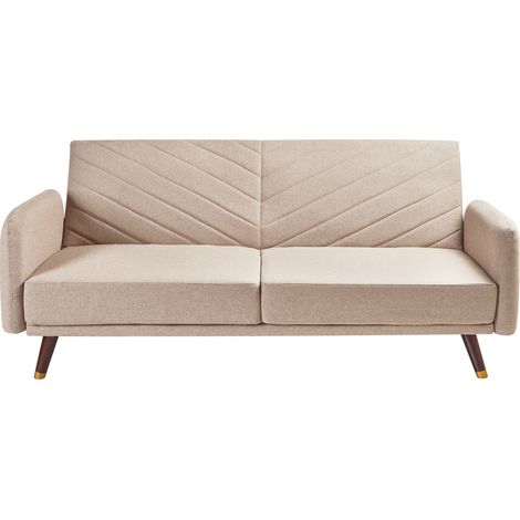 Sofá cama 3 plazas de lino sintético marrón claro madera oscura reclinable Senja