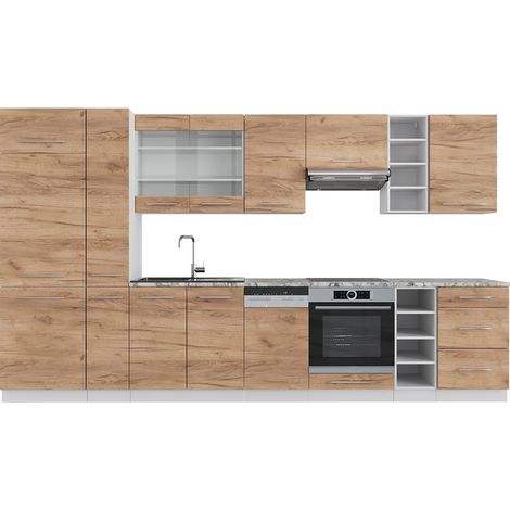 Mueble de cocina Fame-Line, Oro potencia roble/blanco, 355 cm sin encimera, Vicco
