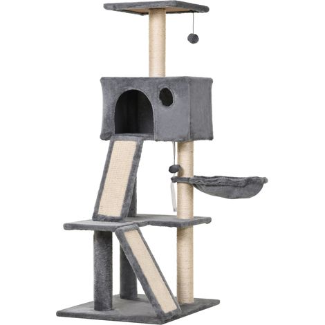 easycomfort albero tiragraffi accessoriato con cuccia lettino sospeso e 2 pedane in peluche grigio e corda sisal 60x49x130cm (1/5)