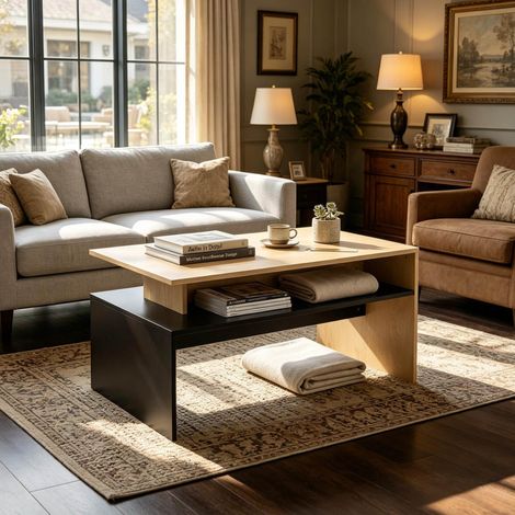 Table basse moderne avec étagère de rangement, MDF, noir et bois naturel, 95 x 55 x 50 cm (1/5)