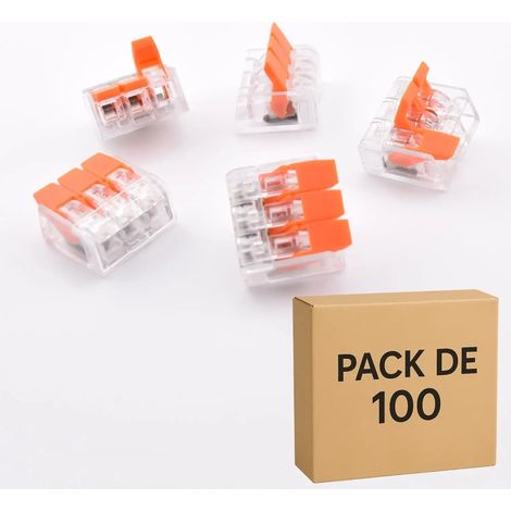 Pack de 100 connecteurs rapides à levier transparents PCT-413 – 3 pôles – 32A – Pour câbles 0,5 à 4 mm² – Boîtier polycarbonate – Elenco