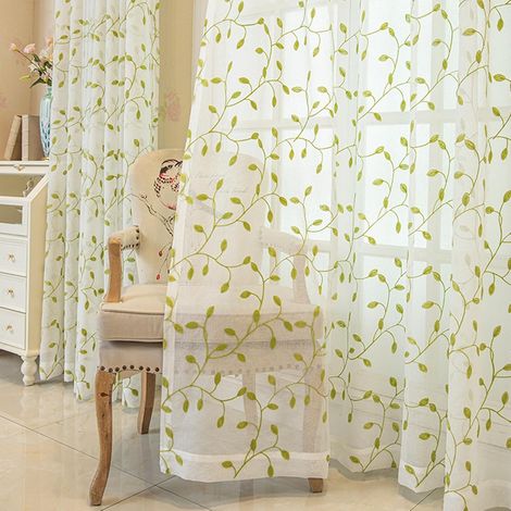 Rideau Voilage Chambre 140x260cm Beige Vert à Œillet, Lot de 2 Rideaux Fenetre Salon Motif Feuilles Brodées Moderne