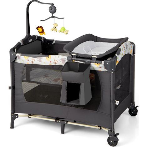 Parc bébé gris foncé 3-en-1 avec table à langer, berceau et aire de jeux, roues freinées et structure pliable pour maison et voyage (1/5)