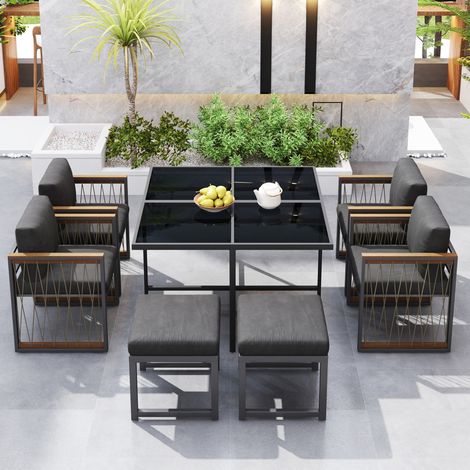 Mesa comedor jardín con 6 asientos vidrio templado OKMYHOME (1/5)
