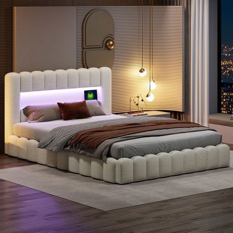 Bettgestell 160x200 cm, LED, USB, Leinenstoff, hydraulisch, moderner Stil, Doppelbett 160x200 cm, beige (1/5)