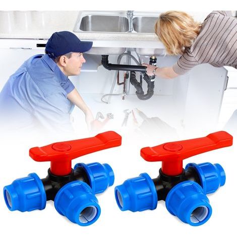 Valvola a sfera a 3 vie in 2 pezzi, raccordo rapido in PE, valvola a sfera a tre vie per tubi da 20 mm, valvola a sfera a T a 3 vie per uso esterno e giardini. (1/5)