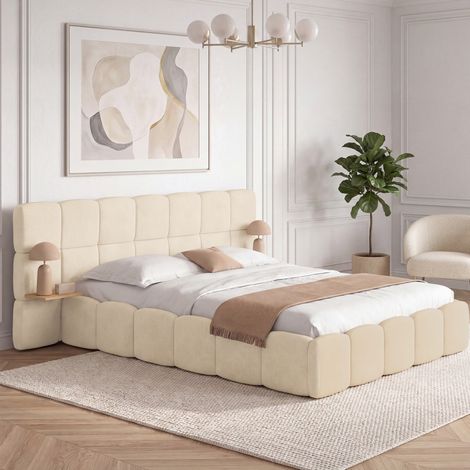 Cama de matrimonio NUAGE con cabecero acolchado + mesillas integradas y somier de terciopelo beige de 140 x 190 cm