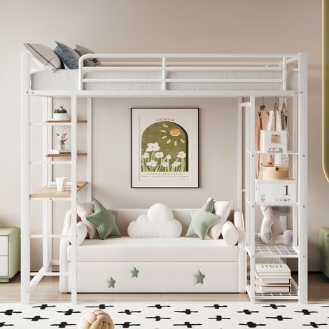 Lit mezzanine avec échelle 90200cm, lit simple pour enfant avec table, suspension simple et compartiments de rangement, blanc (1/5)