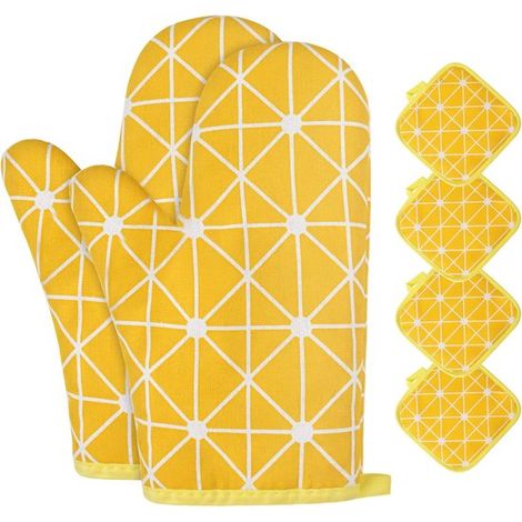 Guanti da forno, 1 paio di guanti da cucina in cotone con 4 presine, guanti da forno lavabili, guanti da cucina antiscivolo, guanti da cucina resistenti al calore per barbecue e cottura al forno (gial