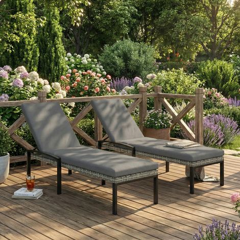 2er Set Sonnenliege Polyrattan Gartenliege mit 5-Fach verstellbar Rückenlehne Auflage bis 120kg Hellgrau