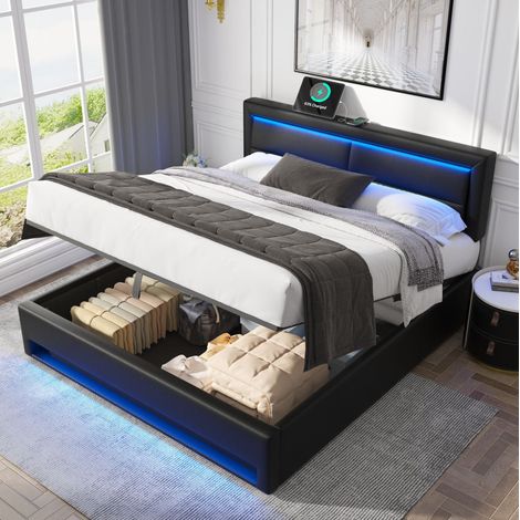 Lit rembourré 160/200 cm noir avec LED, charge USB filaire/sans fil et coffre de rangement (1/5)