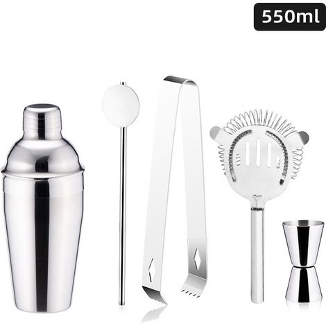 Ensemble de 5 kits de bar en acier inoxydable, comprenant un shaker à cocktail, une passoire, une cuillère à mélanger, un doseur et une pince à glaçons.-AquaForge (1/5)