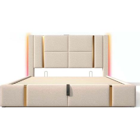 Cama doble LED de 180 x 200 cm, somier de madera, tela de lino beige, con carga USB tipo C, apta para jóvenes y adultos (colchón no incluido). (1/5)