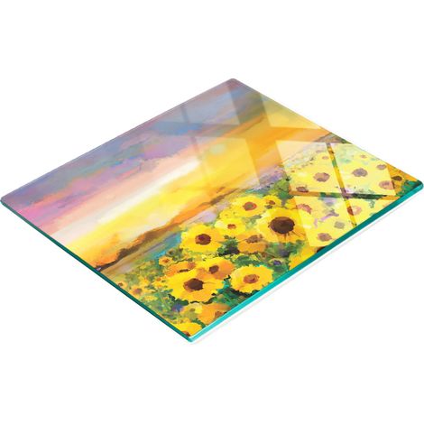 Dekoratives Küchenschneidebrett aus Glas, Sonnenblumenfeld, 60 x 52 cm (1/5)