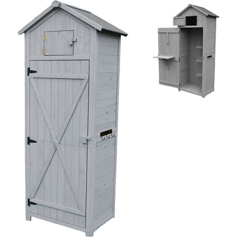 Armoire de Jardin, Bois, Toit étanche, 3 étagères, Table Pliante, H x L x P 180,5×75×50 cm, Gris (1/5)