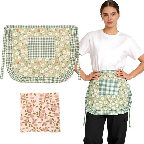 Ensemble de tabliers à fleurs vertes pour femme - Demi-tablier avec serviette assortie - Tablier de cuisine réglable avec poche - Pour cuisine, pâtisserie, jardin, barbecue, peinture, adulte (1/5)